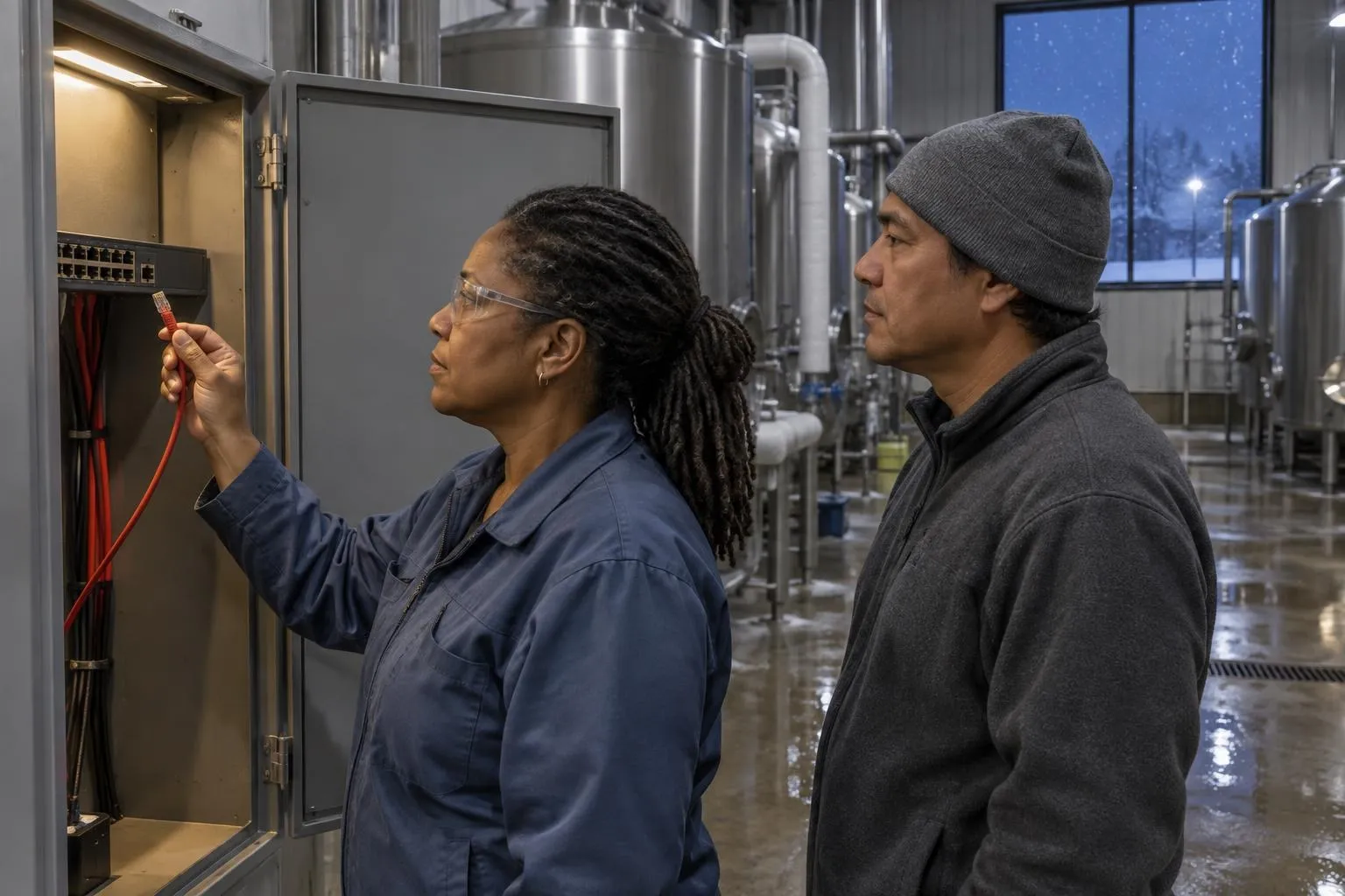 A consultant holds an unplugged red network cable at an open control cabinet while a plant manager watches, in a dairy plant before dawn.