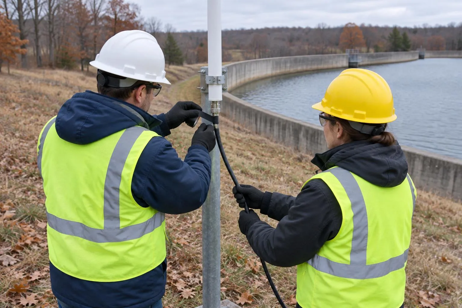 A SCADA consultant wraps a telemetry antenna connection while a utility technician supports the cable before winter.